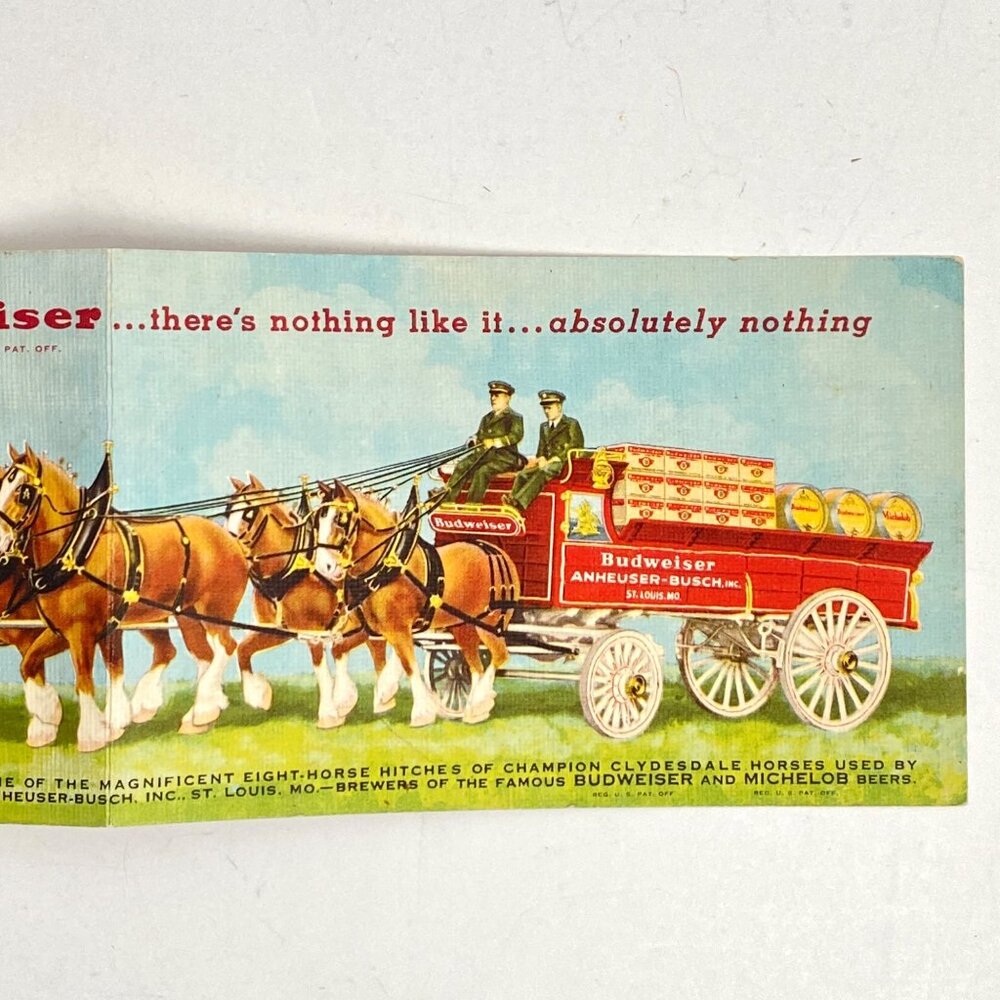 Anheuser Busch Budweiser Michelob Clydesdale Horse Wagon Panorama Linen Postcard